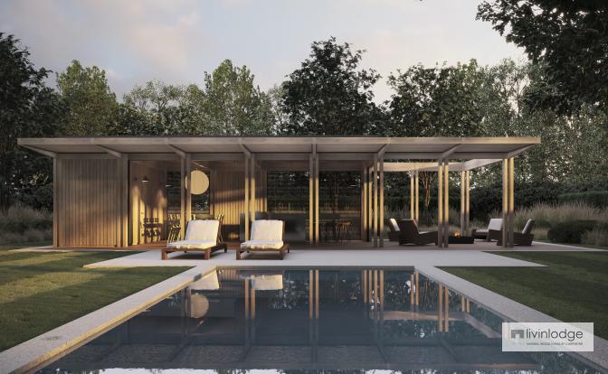 Pool house moderne avec auvent solaire à lames et terrasse en bois