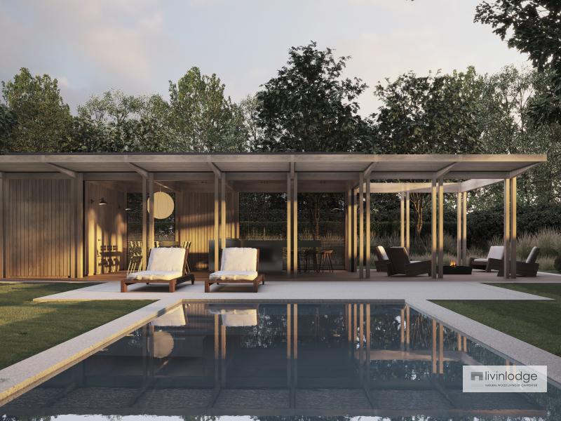 Pool house moderne avec auvent solaire à lames et terrasse en bois