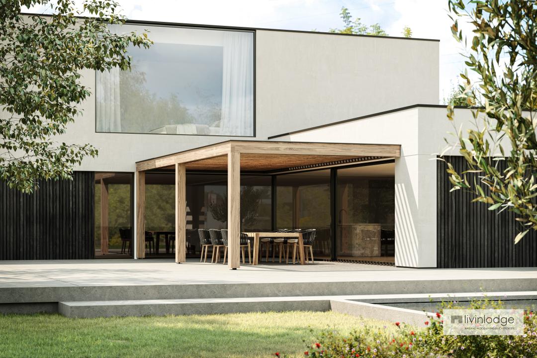 Pergola bioclimatique accolée à une maison minimaliste